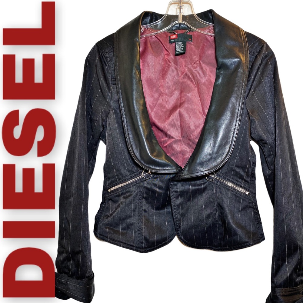 Diesel Pinstripe Satin & Leather Moto Jacket, M
